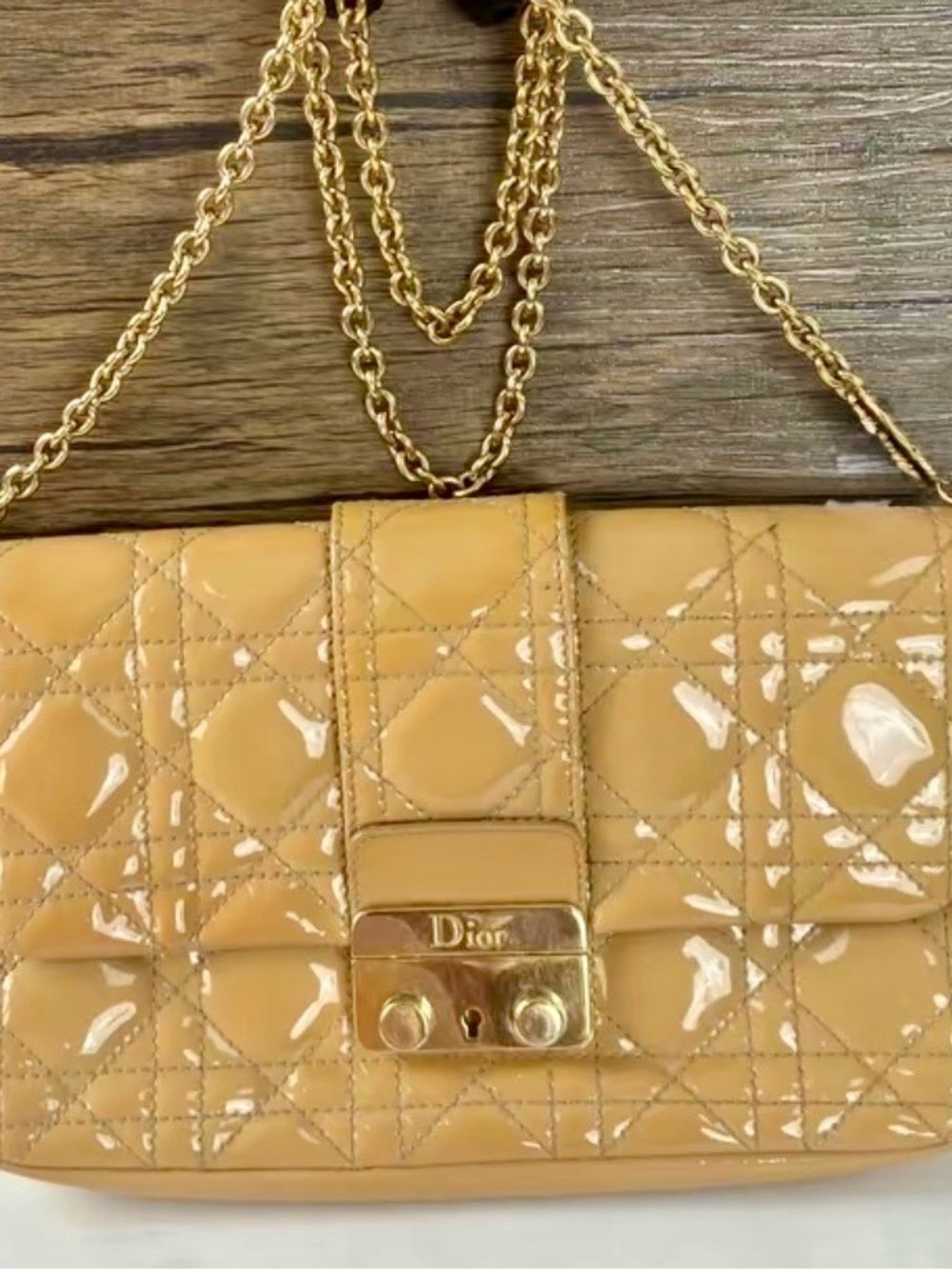Dior Beige Cannage Patent Leather Miss Dior Promenade Chain Pouch